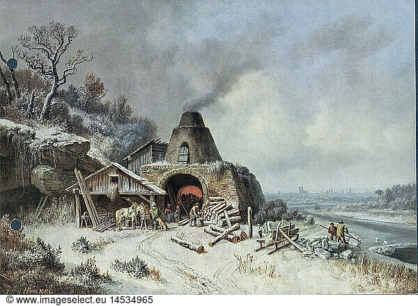 industry  lime production  limekiln at Grosshesselohe  print after painting by Heinrich BÃ¼rkel  circa 1865