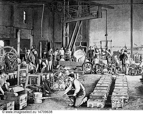 industry  Mechanical engineering  iron casting works  Molitor und Co.  Heidelberg  drawing  2nd half 19th century  metal  cast  technics  machines  people  worker  labour  Germany  Kingdom of Bavaria  Palatinate  historic  historical
