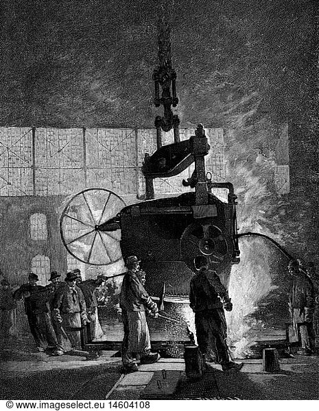industry  metal  Krupp  melting furnace at the Martin Steel Works  Essen  wood engraving after painting by A. Montan  lete 19th century  technics  steel production  people  workers  labour  Ruhr area  Germany  Imperial Era  historic  historical  people