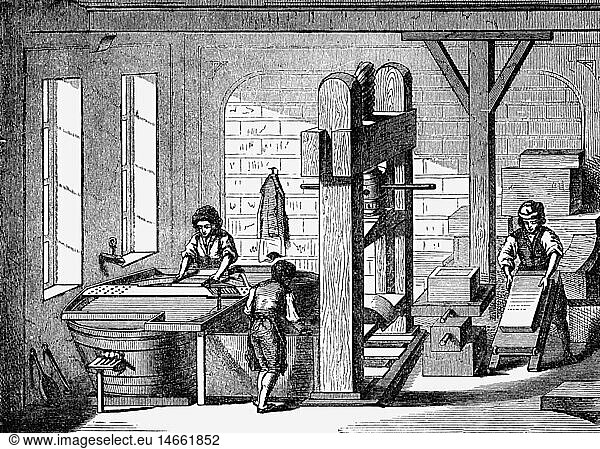 industry  paper  paper mill  wood engraving  Germany  19th century  labour  worker  people  machines  technics  manual papermaking  vat  frame  dry pressing  press  historic  historical
