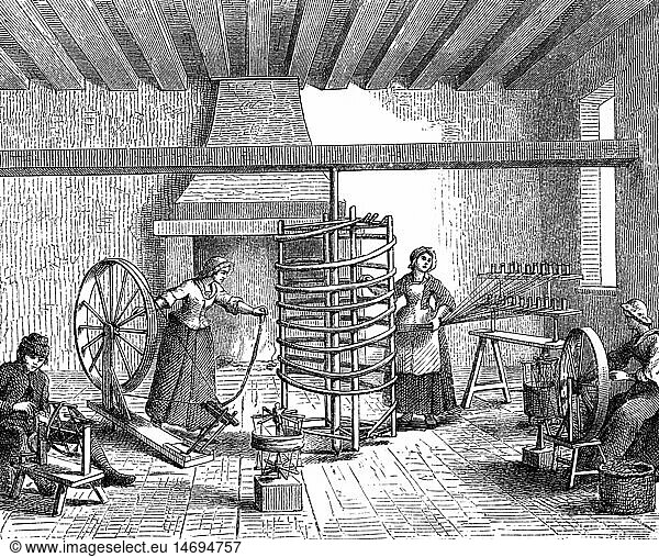 industry  textile  weaving mill  reeling and shearing  wood engraving  Germany  19th century  people  professions  weavers  handcraft  women  craftswoman  craftswomen  technics  weaving  textiles  shop  historic  historical