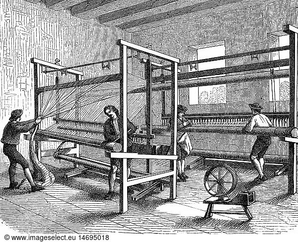 industry  textile  weaving mill  weaving looms  wood engraving  Germany  19th century  people  professions  weavers  weaver  handcraft  craftsman  loom  weaving  textiles  shop  historic  historical