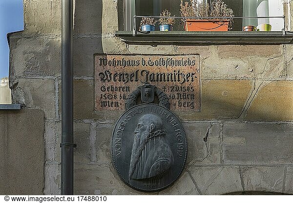 Information board and a relief on the house of the Nuremberg goldsmith Wenzel Jamnitzer 1585-1508  Nuremberg  Middle Franconia  Bavaria  Germany  Europe