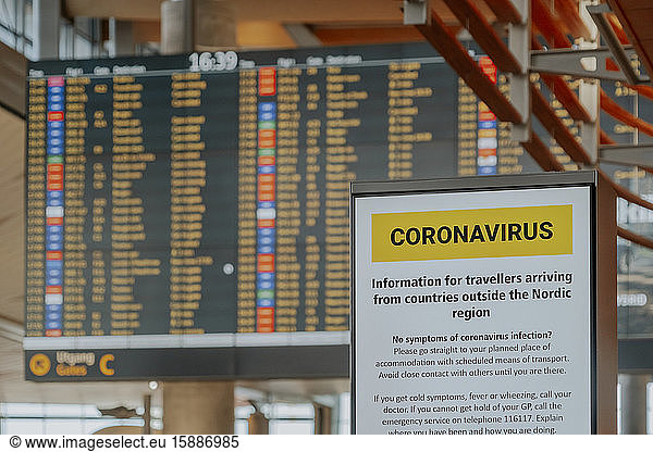 Information sign with safety regulations regarding coronavirus at Oslo airport  Norway