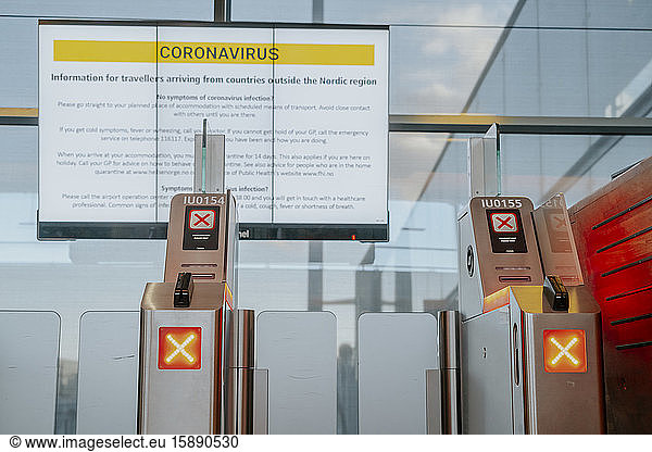 Information sign with safety regulations regarding coronavirus at Oslo airport  Norway