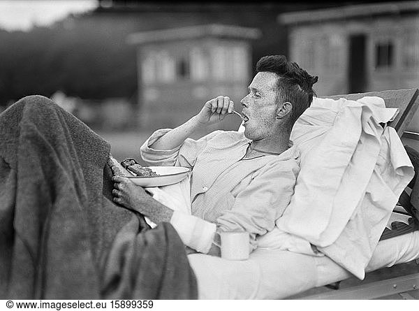 Injured American Soldier eating at American Red Cross Hospital No. 5.  Auteuil  France  Lewis Wickes Hine  American National Red Cross Photograph Collection  September 1918