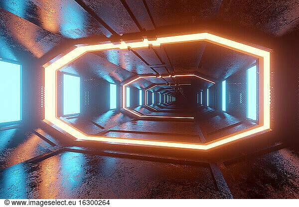 Innenraum eines leeren beleuchteten Raumschiffs