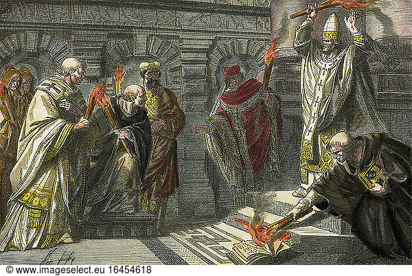 Innocent IV  Pope  died 1254.“Pope Innocent IV speaks of the curse of Frederick II. (1st Council of Lyons  17 July 1245).Holzstich  1875  by Friedrich Hottenroth (b. 1840). Later coloring.Out. W. Zimmermann  Illustrated History of the German People  Vol. 2 Stuttgart (G. Wise) 1875.