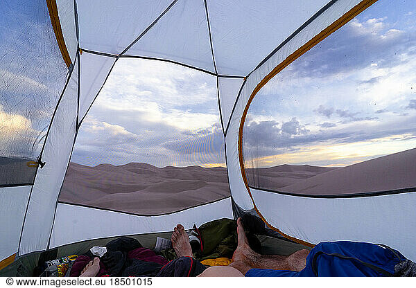 Inside of tent while camping and backpacking at great sand dunes
