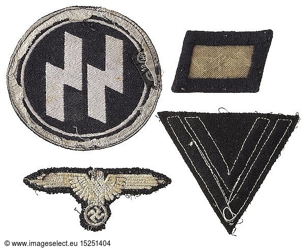 Insignia of a Dutch volunteer of the Waffen-SS A right collar patch (hand-embroidered) for NCOs in the 23rd SS Volunteer Panzergrenadier Division 'Nederland'  a sports shirt emblem (woven)  a sleeve eagle (machine-embroidered) and a chevron for a RottenfÃ¼hrer. historic  historical  20th century  1930s  1940s  Waffen-SS  armed division of the SS  armed service  armed services  NS  National Socialism  Nazism  Third Reich  German Reich  Germany  military  militaria  utensil  piece of equipment  utensils  object  objects  stills  clipping  clippings  cut out  cut-out  cut-outs  fascism  fascistic  National Socialist  Nazi  Nazi period