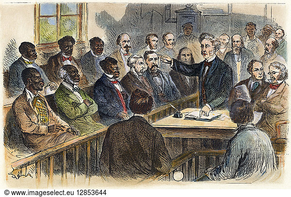 INTEGRATED JURY  1867. An integrated jury in a Southern courtroom. Wood American engraving  1867.