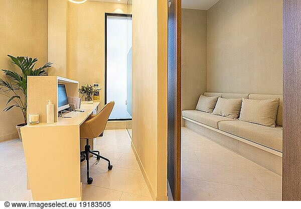 Interior design of a reception and waiting area in a dental clinic