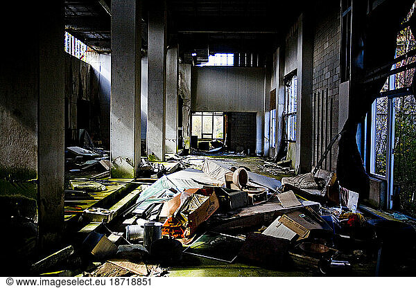Interior hallway view of an abandoned resort hotel in the Catskills Mountains.
