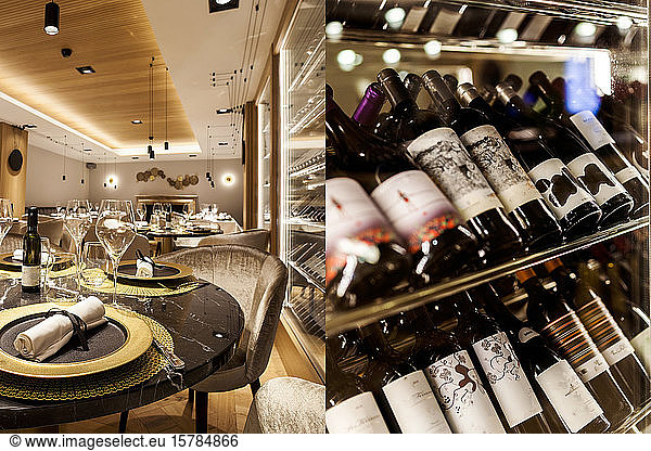 Interior of a fancy restaurant with wine cabinet