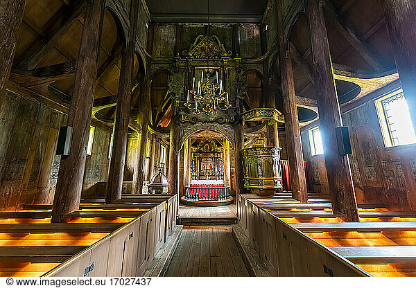 Interior of Kaupanger Stave Church  Kaupanger  Vestland  Norway  Scandinavia  Europe