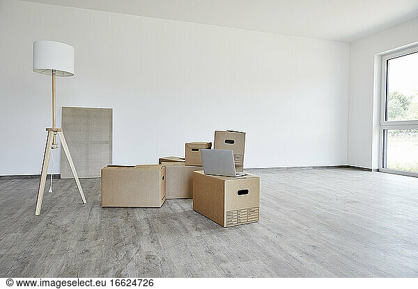 Interior of modern room with cardboard boxes  electric lamp and laptop