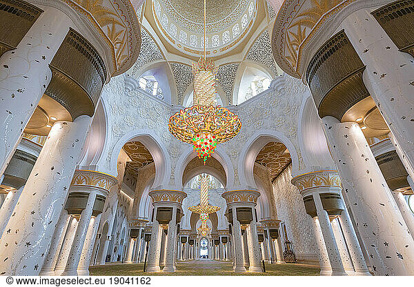 Interior of Prayer Hall with Chandeliers in Sheikh Zayed Mosque