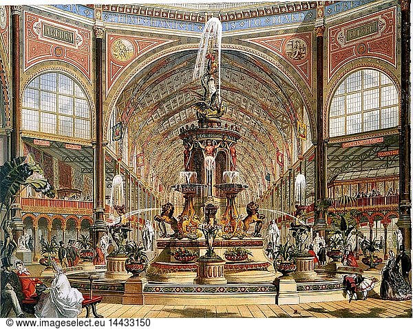Interior of the Crystal Palace during the International Exhibition of 1862. Majolica fountain by Minton. Chromolithograph.