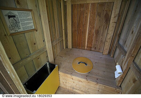 Interior view of a dry toilet at a hiker's cabin  North Karelia  Finland  Europe
