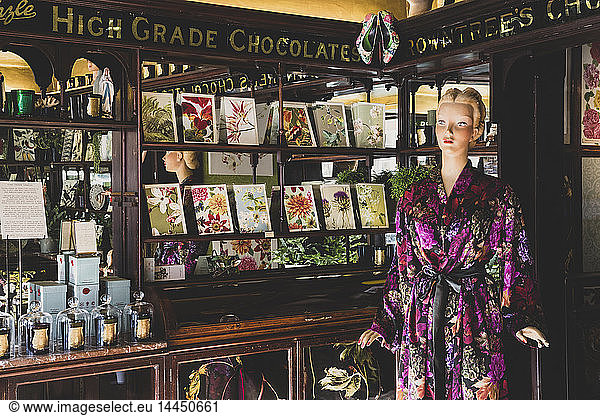 Interior view of interior design store with a selection of accessories on wooden shelves  mannequin with floral pattern dressing gown.