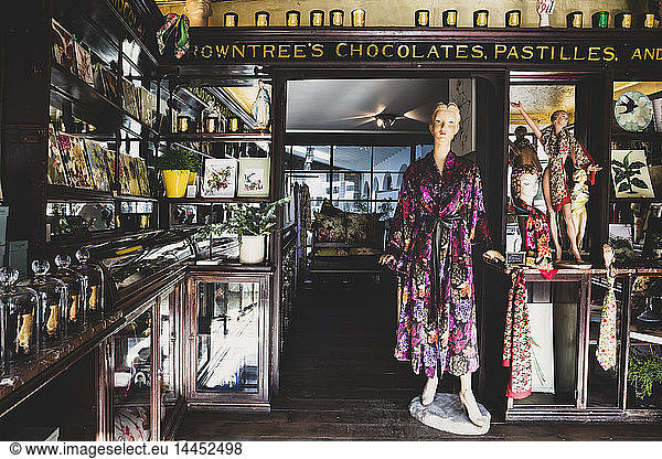Interior view of interior design store with a selection of accessories on wooden shelves  mannequin with floral pattern dressing gown.