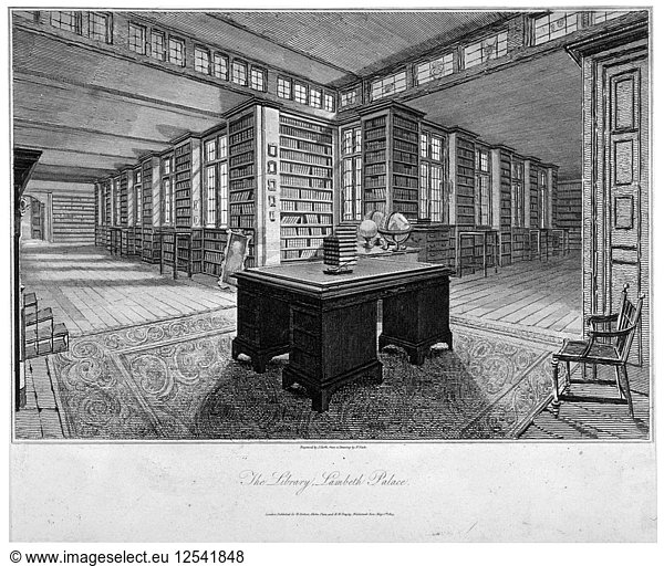 Interior view of the library at Lambeth Palace  with a desk in the foreground  1805. Artist: John Roffe