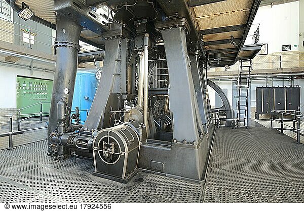 Interior view with steam engine  DEMAG pumping station in waterworks  industry  engine  machine  Hattersheim  Taunus  Hesse  Germany  Europe