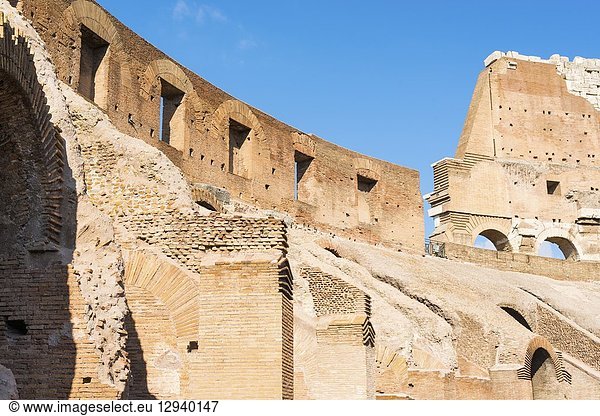Interior walls and arches of the Colosseum or Coliseum  also known as the Flavian Amphitheatre  an oval amphitheatre in the centre of the city of Rome.