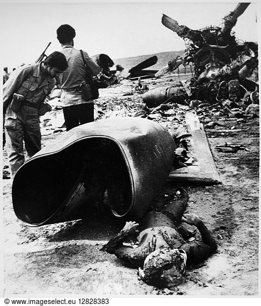 IRAN: RESCUE MISSION  1980. An Iranian Revolutionary Guard looks over the wreckage of an American aircraft  beside which lie the charred remains of a U.S. serviceman  27 April 1980  two days following a fiery crash at the site in the Iranian desert where a mission to rescue the American hostages in Tehran was to have been launched.