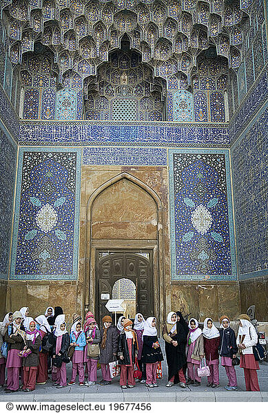 Iranian girls on a school field trip to Imam mosque in Esfahan  Iran.
