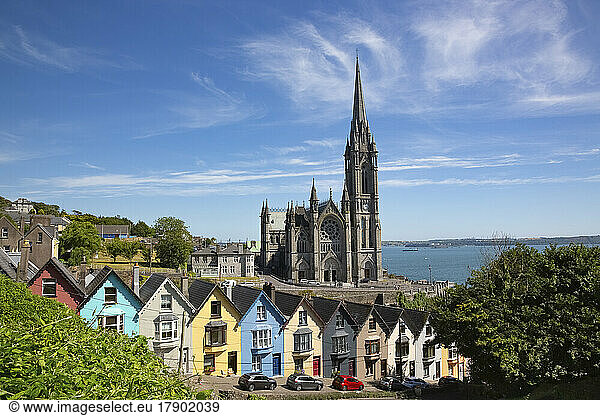 Ireland  County Cork  Cobh  Colorful row houses standing along steep street with Saint Colmans Cathedral in background