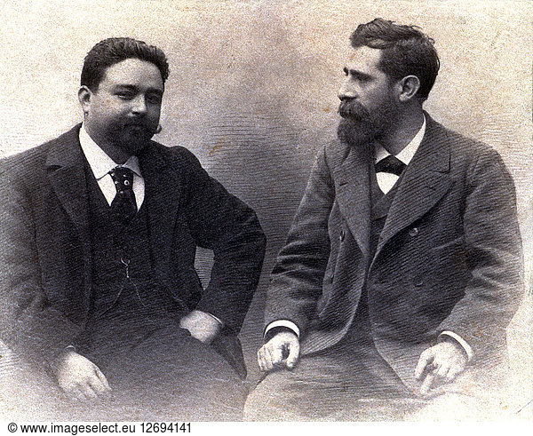 Isaac Albéniz (1860-1909) and Tomás Bretón (1850-1923)  Spanish composers  around 1896.