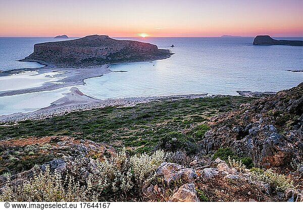 Island Gramvousa and the beautiful Balos beach on sunset in Crete island  Greece. Horizontal camera pan