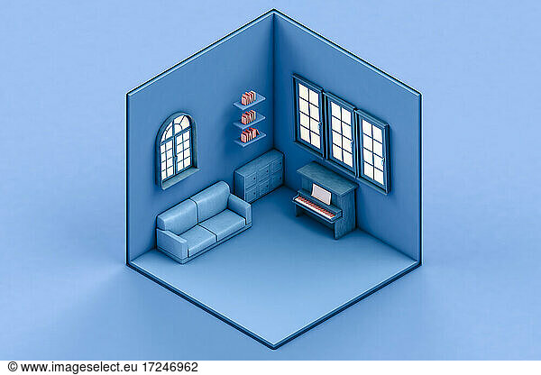 Isometric view of blue room with sofa and piano
