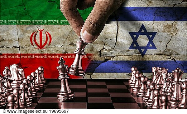 Israel vs Iran Flagge Konzept auf Schachbrett. Politische Spannungen zwischen Iran und Israel. Konflikt zwischen Israel und Iran auf Figuren des Schachbretts