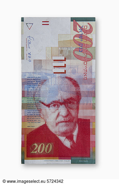 Israelische New Shekel-Banknote auf weißem Hintergrund