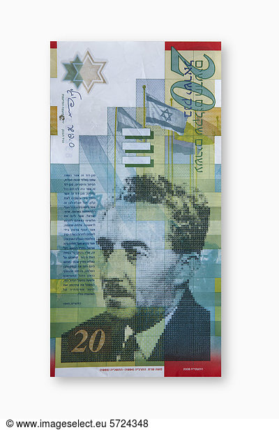 Israelische New Shekel-Banknote auf weißem Hintergrund