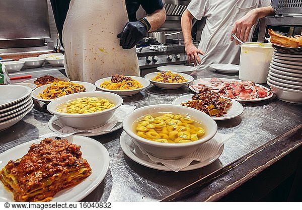 Italian food in restaurant in Bologna capital and largest city of the Emilia Romagna region in Northern Italy.