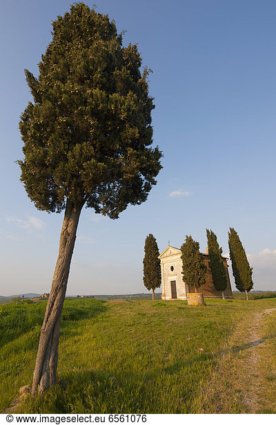 Italien, Toskana, Blick auf die Kapelle Vitaleta mit Zypresse bei Sonnenuntergang