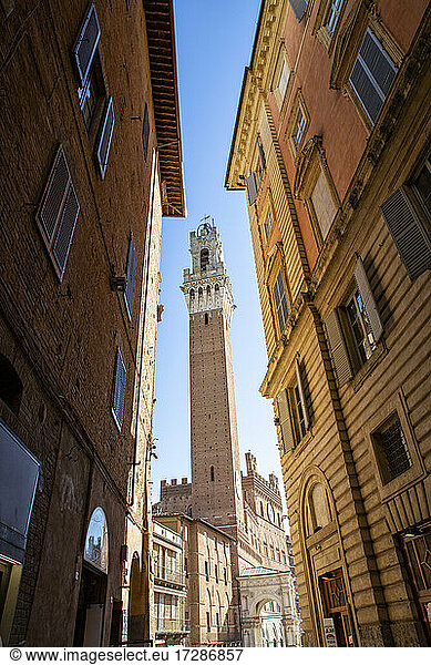 Italien  Toskana  Siena  Blick auf den zwischen zwei Stadthäusern stehenden Torre del Mangia