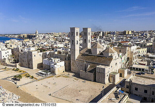 Italy,  Province of Bari,  Molfetta,  Drone view of Church of Saint Conrad and surrounding houses in summer