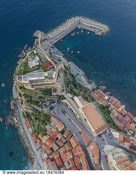 Italy  Calabria  Scilla  Aerial view of Castello Ruffo di Scilla with marina in background