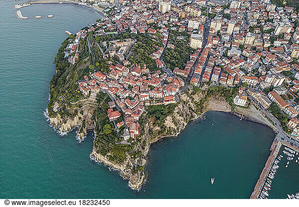 Italy  Campania  Agropoli  Aerial view of cliffs at edge of coastal old town