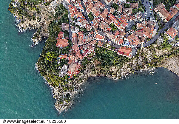 Italy  Campania  Agropoli  Aerial view of cliffs at edge of coastal old town