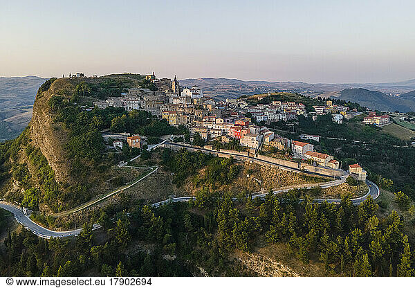 Italy  Campania  Cairano  Aerial view of hilltop town at dusk