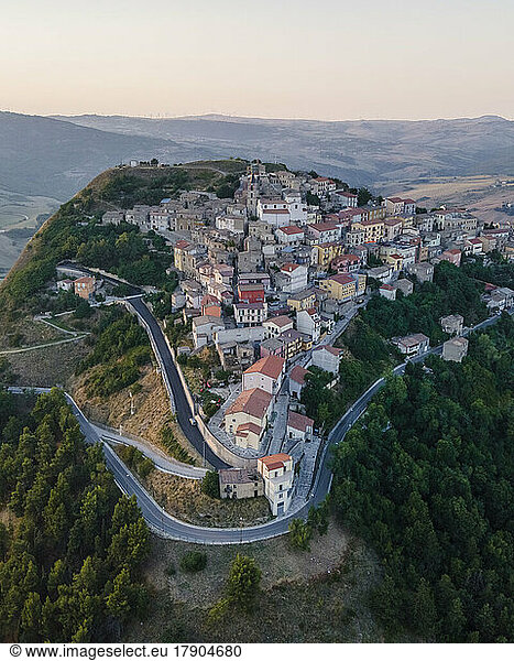 Italy  Campania  Cairano  Aerial view of hilltop town at dusk