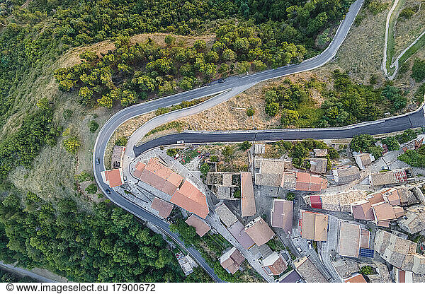 Italy  Campania  Cairano  Aerial view of winding roads connecting hilltop town
