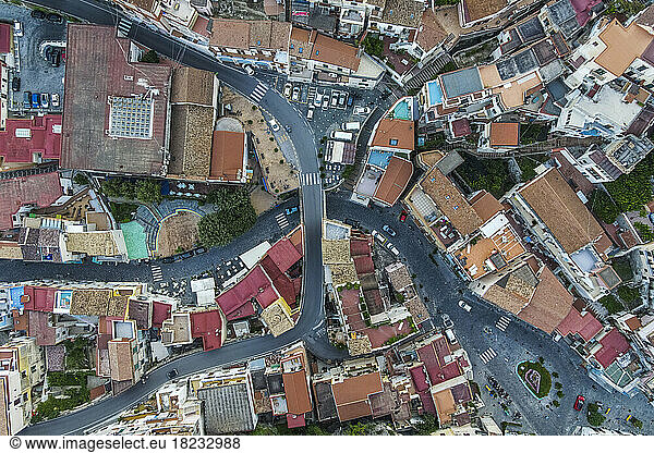 Italy  Campania  Cetara  Aerial view of residential rooftops and overpass