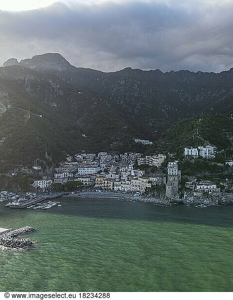Italy  Campania  Cetara  Aerial view of town on Amalfi Coast with mountains in background