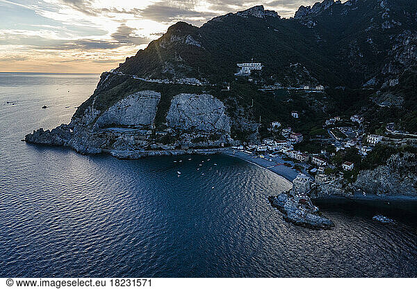 Italy  Campania  Erchie  Aerial view of coastal village situated on Amalfi Coast